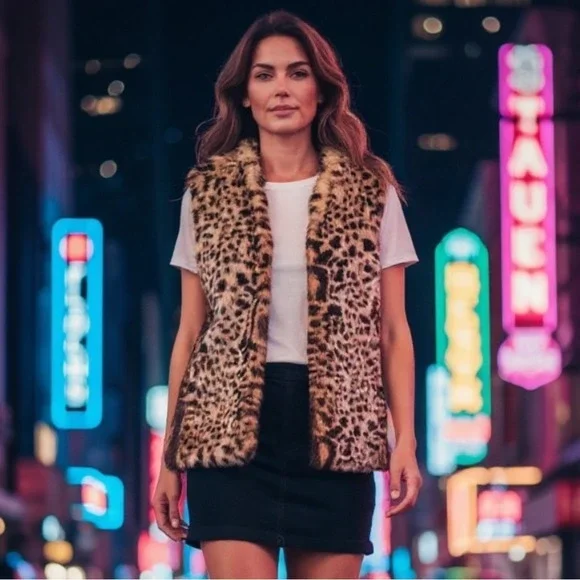 Oversized Faux Fur‎ Soft Animal Print Vest Womens XS Cheetah Adrienne Landau - Picture 16 of 16